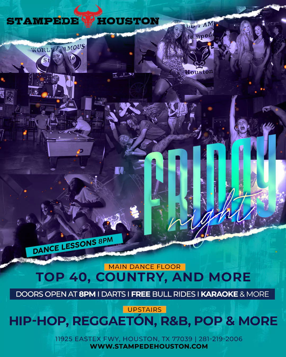 Stampede Houston nightclub – Friday Night party with Top 40, Country, Hip-Hop, Reggaeton, R&B, karaoke & free bull rides
